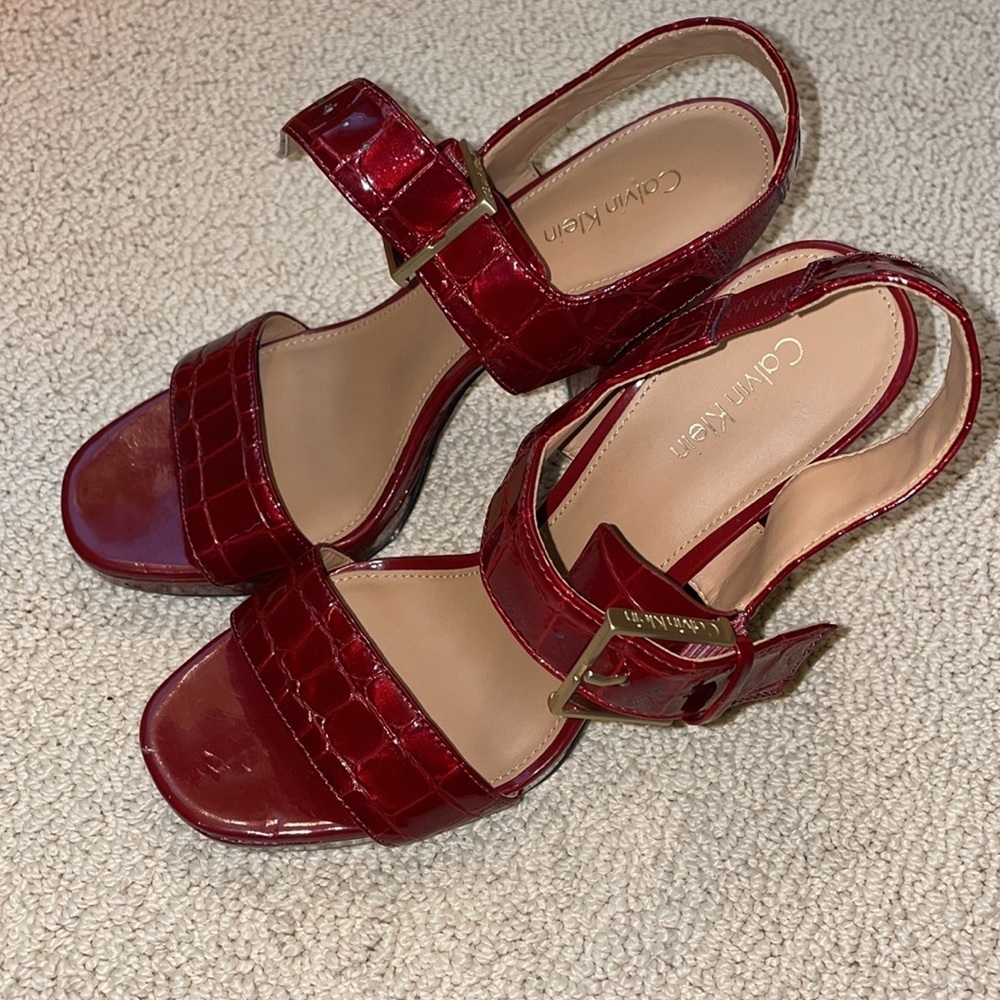 Size 7.5 Red Croc Embossed Two Strap Sandal Heels